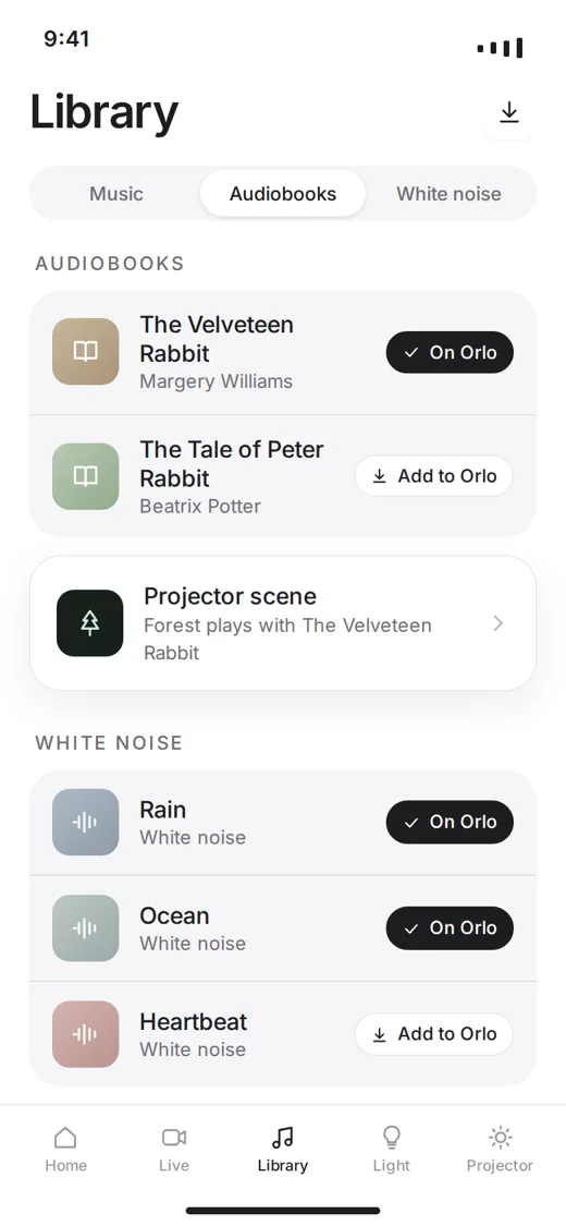 The app's Library screen: audiobooks and white noise, each marked on the device or available to add