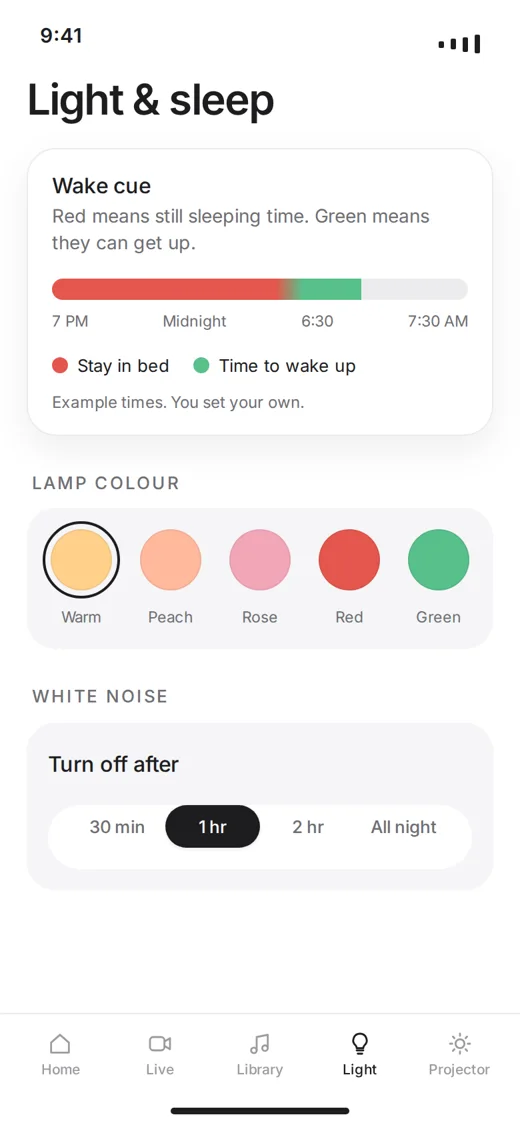 The app's Light and sleep screen: wake cue and lamp colours