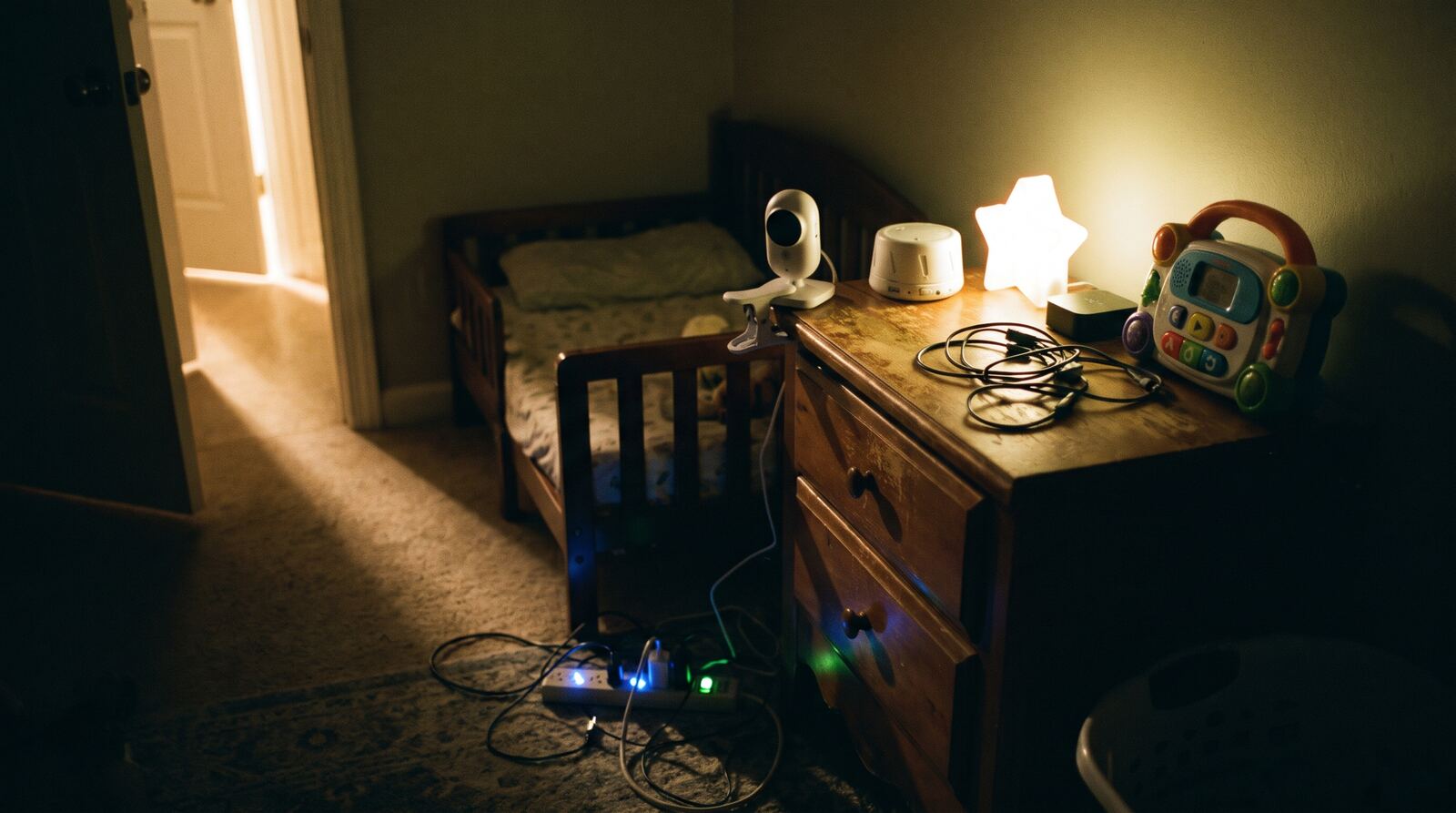 A dim child's bedroom: a baby camera, sound machine, night light and story player crowded on a nightstand, with cables and a power bar on the floor