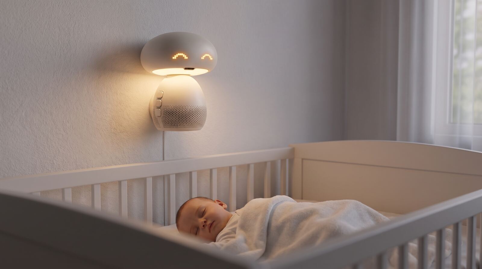 A baby asleep in a crib with the device mounted on the wall above