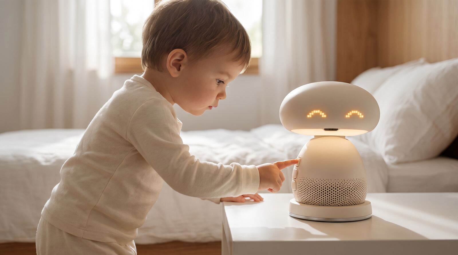 A toddler pressing a button on the device on a nightstand