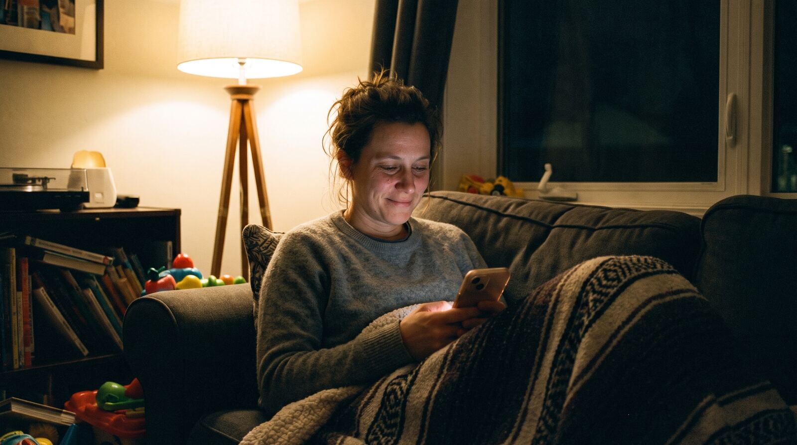A parent on a couch at night reading a phone notification, smiling