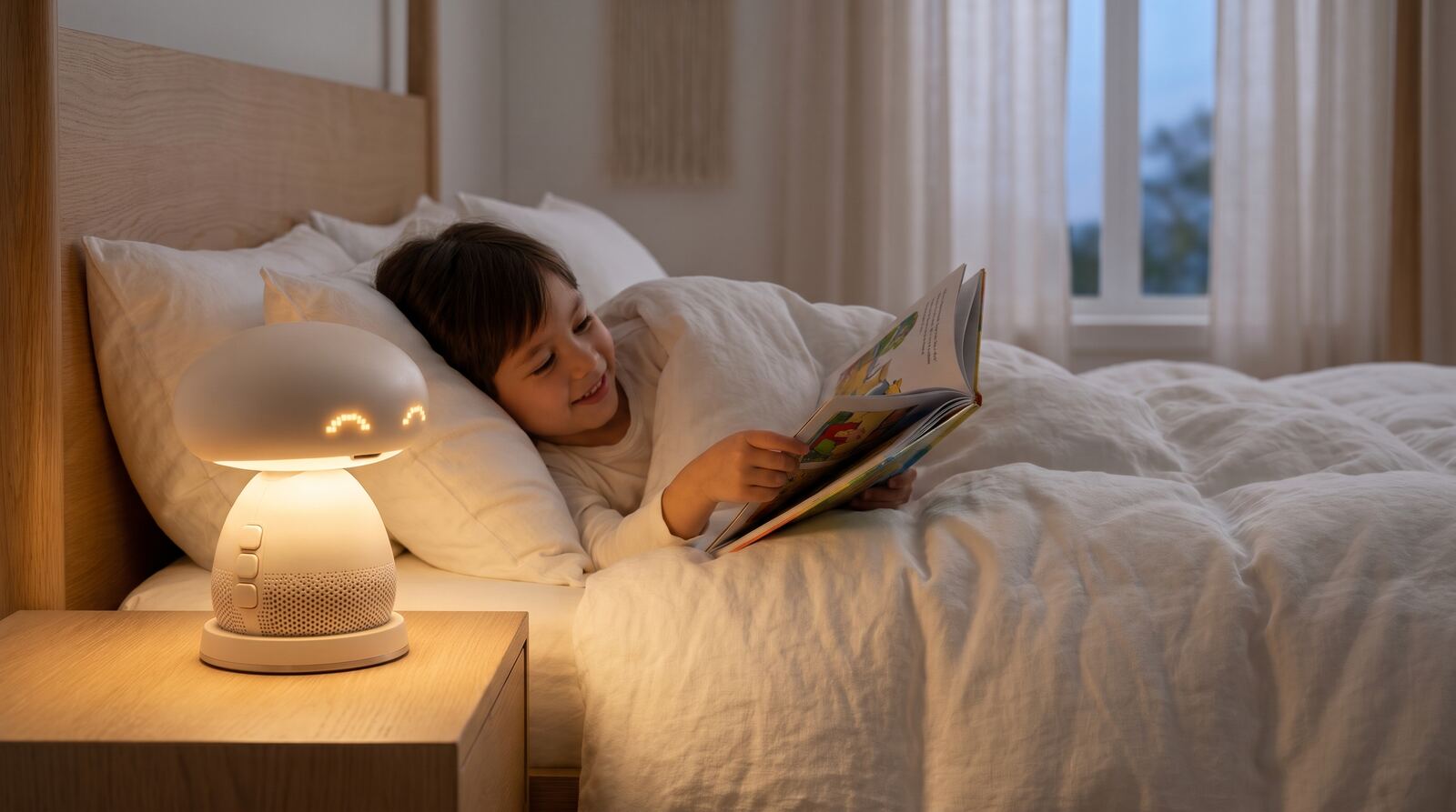 A child reading in bed by the glow of the device as a bedside lamp