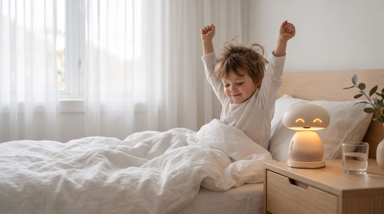A child stretching awake in bed, the device on the nightstand