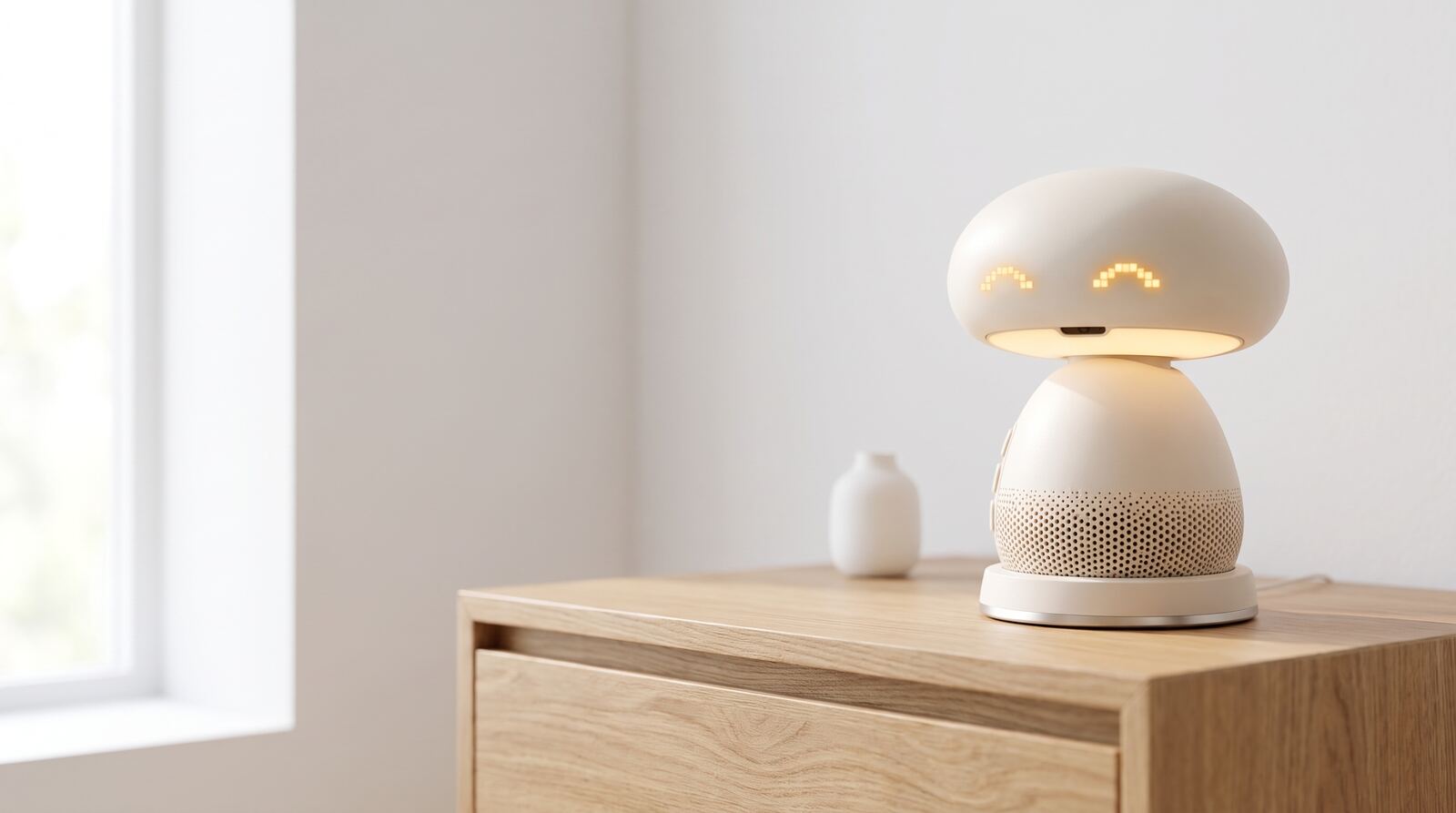 The device on a pale wooden nightstand in a bright, quiet room